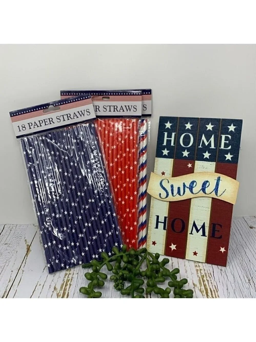 Patriotic Home Sweet Home Sign 8 Inch 54 Paper Straws Stars Stripes Red White
